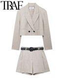 TRAF művászon női szettek 2024 őszi csukló ujjú két gombos blézer irodakabát Crop top shorts öltönyök övvel Y2K