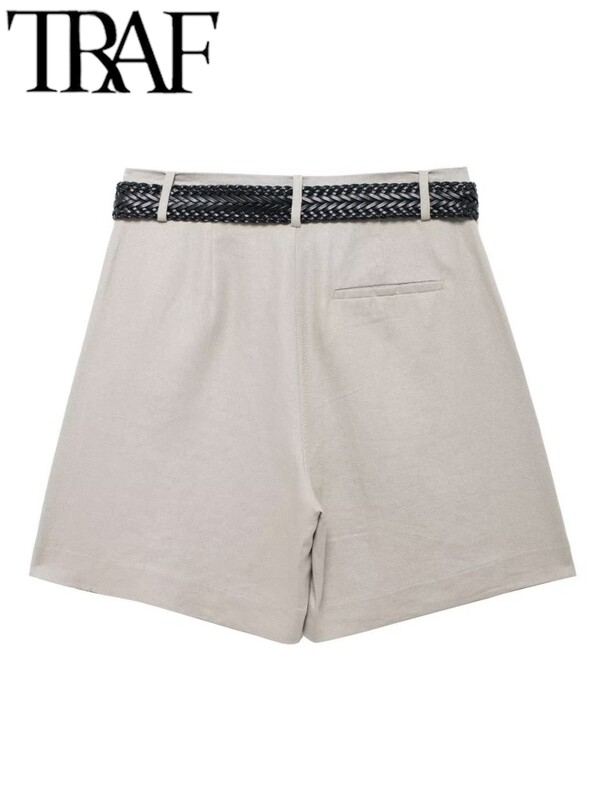 TRAF művászon női szettek 2024 őszi csukló ujjú két gombos blézer irodakabát Crop top shorts öltönyök övvel Y2K