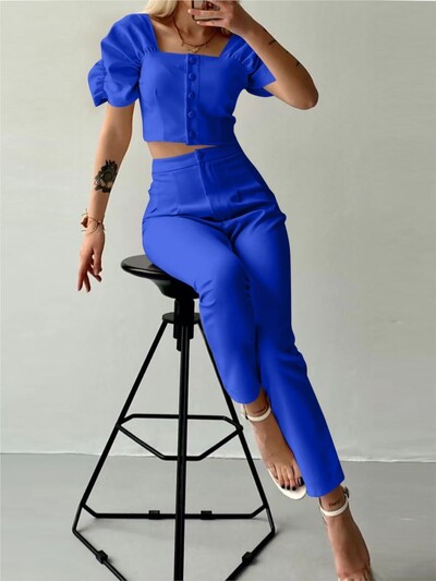 Κομψό γυναικείο γραφείο δύο τεμαχίων Καλοκαιρινή μόδα Μασίφ τετράγωνο γιακά Μονό στήθος κοντομάνικο μπλουζάκι & μακρύ παντελόνι