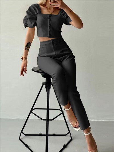 Κομψό γυναικείο γραφείο δύο τεμαχίων Καλοκαιρινή μόδα Μασίφ τετράγωνο γιακά Μονό στήθος κοντομάνικο μπλουζάκι & μακρύ παντελόνι