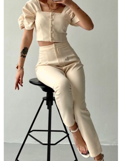 Κομψό γυναικείο γραφείο δύο τεμαχίων Καλοκαιρινή μόδα Μασίφ τετράγωνο γιακά Μονό στήθος κοντομάνικο μπλουζάκι & μακρύ παντελόνι