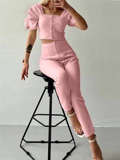 Κομψό γυναικείο γραφείο δύο τεμαχίων Καλοκαιρινή μόδα Μασίφ τετράγωνο γιακά Μονό στήθος κοντομάνικο μπλουζάκι & μακρύ παντελόνι