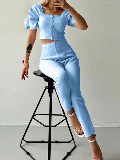 Κομψό γυναικείο γραφείο δύο τεμαχίων Καλοκαιρινή μόδα Μασίφ τετράγωνο γιακά Μονό στήθος κοντομάνικο μπλουζάκι & μακρύ παντελόνι