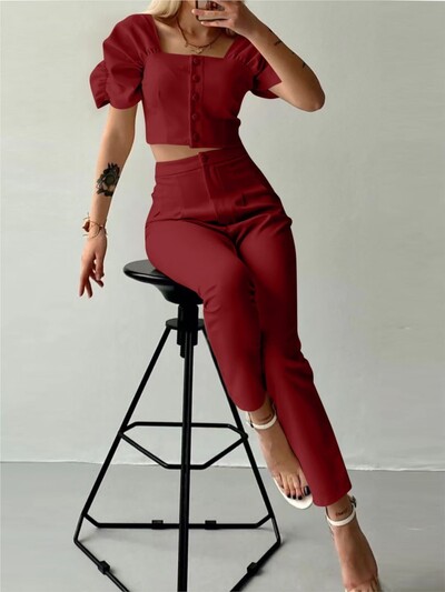 Κομψό γυναικείο γραφείο δύο τεμαχίων Καλοκαιρινή μόδα Μασίφ τετράγωνο γιακά Μονό στήθος κοντομάνικο μπλουζάκι & μακρύ παντελόνι