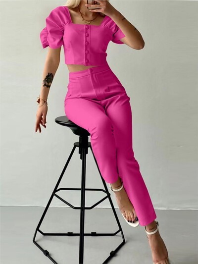 Κομψό γυναικείο γραφείο δύο τεμαχίων Καλοκαιρινή μόδα Μασίφ τετράγωνο γιακά Μονό στήθος κοντομάνικο μπλουζάκι & μακρύ παντελόνι