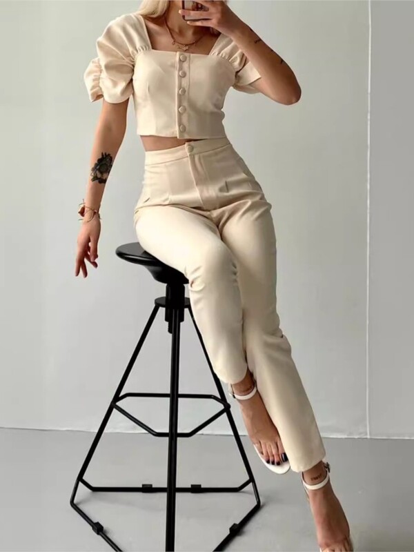 Κομψό γυναικείο γραφείο δύο τεμαχίων Καλοκαιρινή μόδα Μασίφ τετράγωνο γιακά Μονό στήθος κοντομάνικο μπλουζάκι & μακρύ παντελόνι