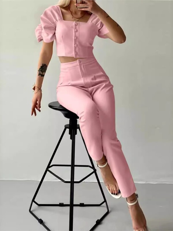 Κομψό γυναικείο γραφείο δύο τεμαχίων Καλοκαιρινή μόδα Μασίφ τετράγωνο γιακά Μονό στήθος κοντομάνικο μπλουζάκι & μακρύ παντελόνι