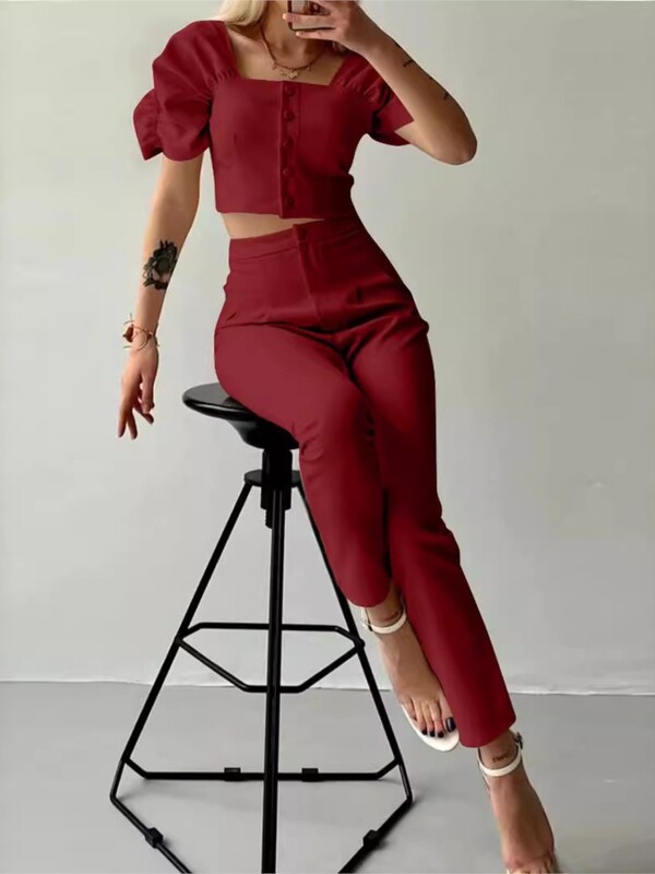 Κομψό γυναικείο γραφείο δύο τεμαχίων Καλοκαιρινή μόδα Μασίφ τετράγωνο γιακά Μονό στήθος κοντομάνικο μπλουζάκι & μακρύ παντελόνι