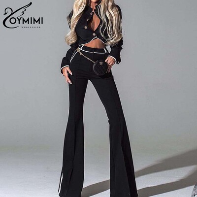 Oymimi Elegantni crni patchwork kompleti od 2 komada Ženska odjeća, modne kratke majice dugih rukava sa samostojećim ovratnikom i kompleti ravnih hlača