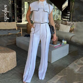 Wefads ženski dvodijelni uredski modni prsluk s preklopnim gumbima, jakna bez rukava, uski top, široki s džepovima, kompleti hlača