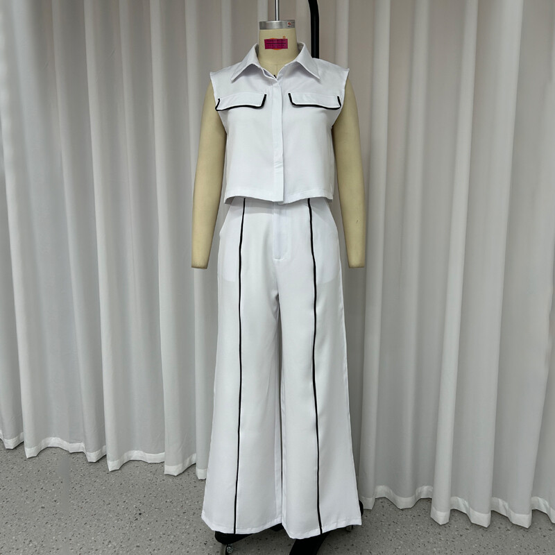 Wefads ženski dvodijelni uredski modni prsluk s preklopnim gumbima, jakna bez rukava, uski top, široki s džepovima, kompleti hlača