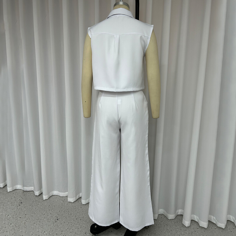 Wefads ženski dvodijelni uredski modni prsluk s preklopnim gumbima, jakna bez rukava, uski top, široki s džepovima, kompleti hlača