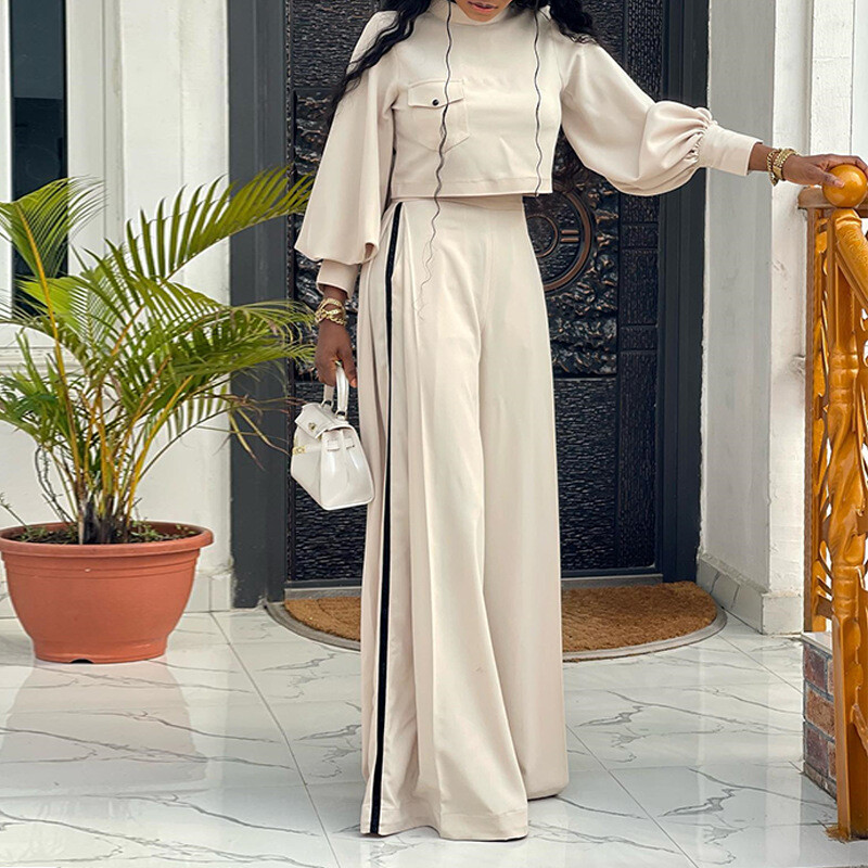Női hosszú ujjú felsők Nadrággarnitúrák Divat Nyári Új Női O-nyakú rövid ing + Magas derekú, széles láb hosszú nadrág, kétrészes szett