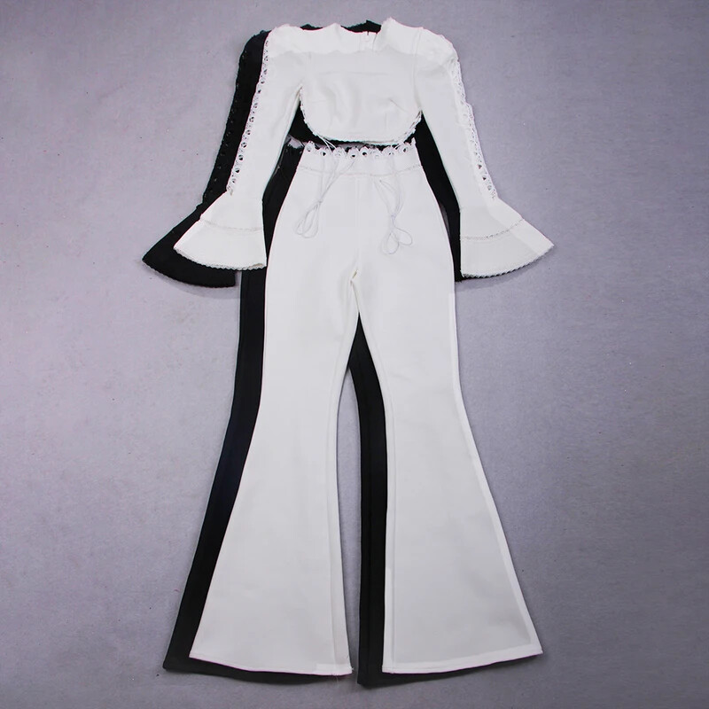 Ženski zimski stil, seksi crno-bijeli dvodijelni komplet zavoja dugih rukava, 2021. Modni ženski set slavnih dizajnera za zabavu