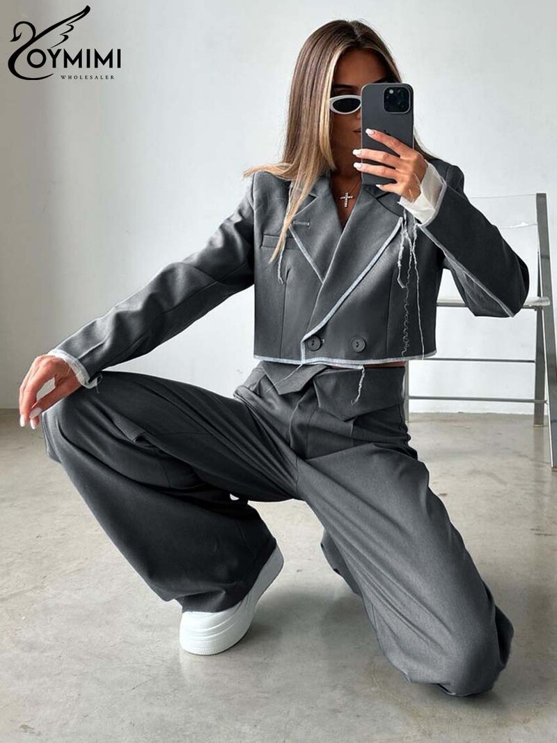 Oymimi Fashion Patchwork gri Seturi 2 piese ținute femei elegante cu mânecă lungă cu nasturi blazere și seturi de pantaloni drepți uni
