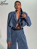 Oymimi Fashion Blue Glitter sieviešu divdaļīgs komplekts, elegants garās piedurknes apgriezts krūšturis + taisnas bikses, ielas apģērba komplekti