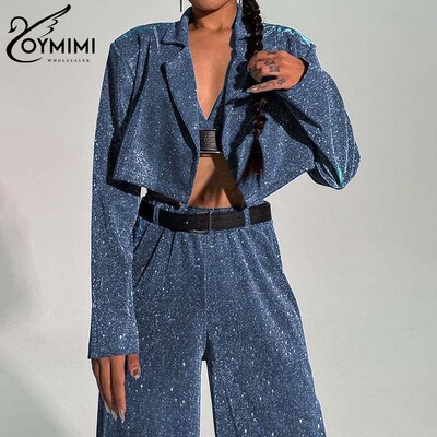 Oymimi Fashion Blue Glitter sieviešu divdaļīgs komplekts, elegants garās piedurknes apgriezts krūšturis + taisnas bikses, ielas apģērba komplekti