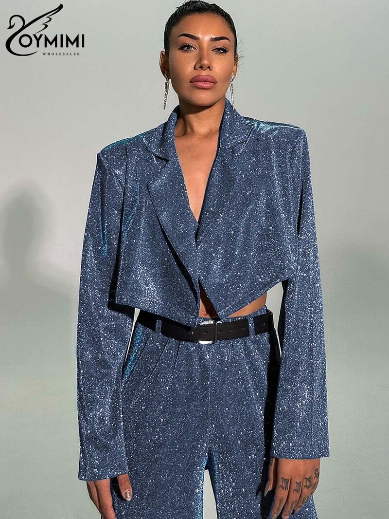 Oymimi Fashion Blue Glitter sieviešu divdaļīgs komplekts, elegants garās piedurknes apgriezts krūšturis + taisnas bikses, ielas apģērba komplekti