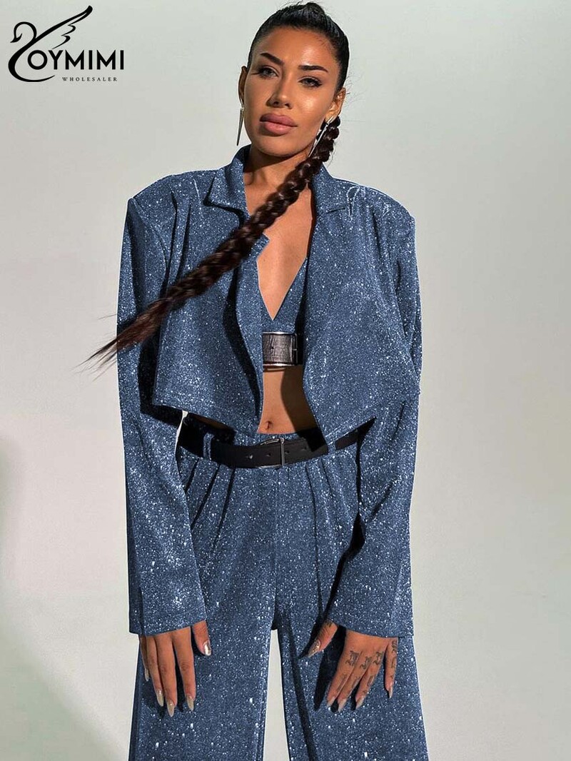 Oymimi Fashion Blue Glitter sieviešu divdaļīgs komplekts, elegants garās piedurknes apgriezts krūšturis + taisnas bikses, ielas apģērba komplekti