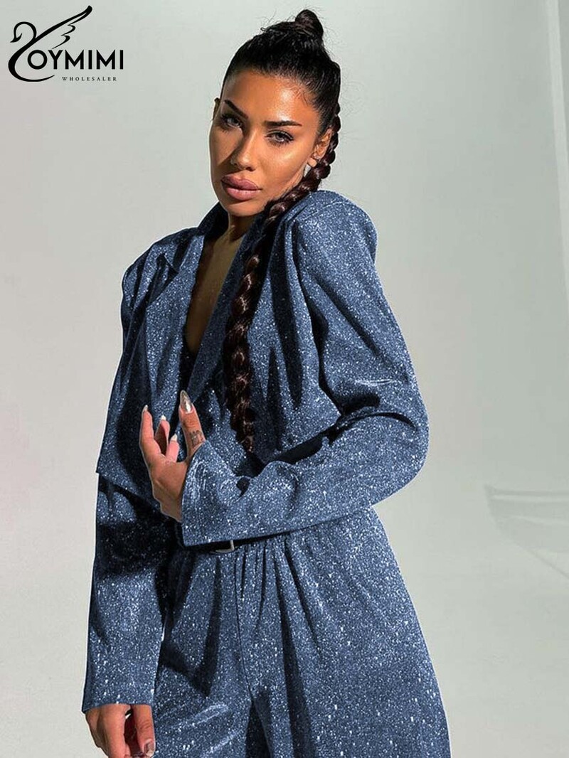 Oymimi Fashion Blue Glitter sieviešu divdaļīgs komplekts, elegants garās piedurknes apgriezts krūšturis + taisnas bikses, ielas apģērba komplekti