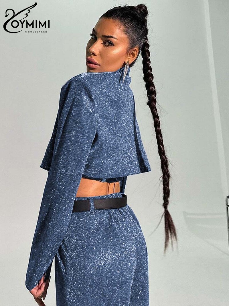 Oymimi Fashion Blue Glitter sieviešu divdaļīgs komplekts, elegants garās piedurknes apgriezts krūšturis + taisnas bikses, ielas apģērba komplekti