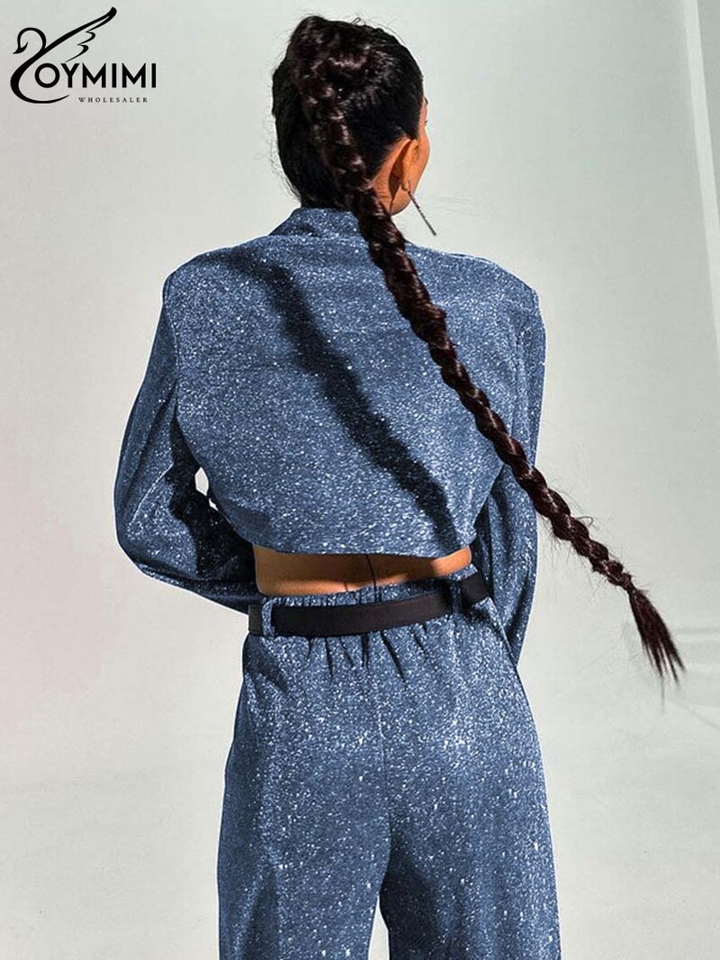 Oymimi Fashion Blue Glitter sieviešu divdaļīgs komplekts, elegants garās piedurknes apgriezts krūšturis + taisnas bikses, ielas apģērba komplekti