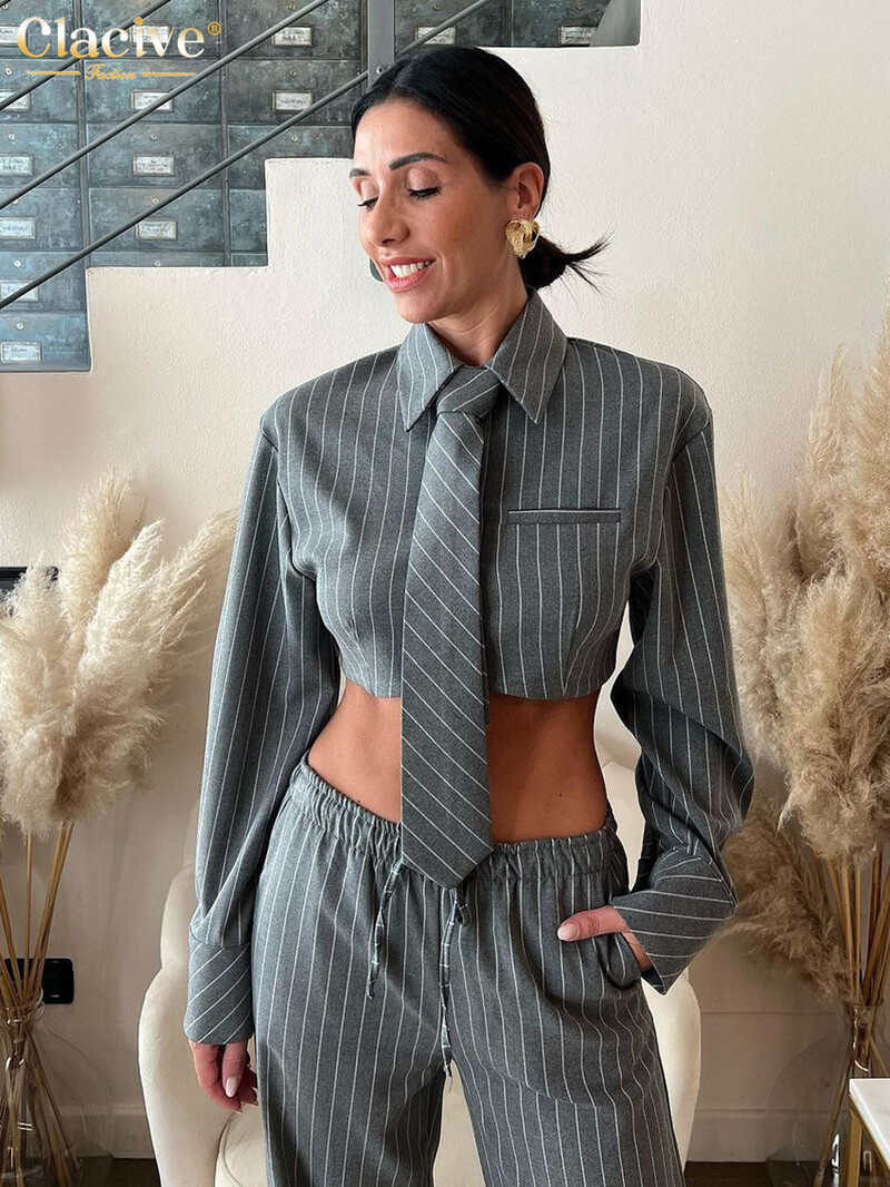 Clacive Fashion Slim Stripe Print 2 gabalu komplekti Sieviešu apģērbs Bodycon garām piedurknēm Crop krekls ar augstu vidukli platu sieviešu bikšu komplektu