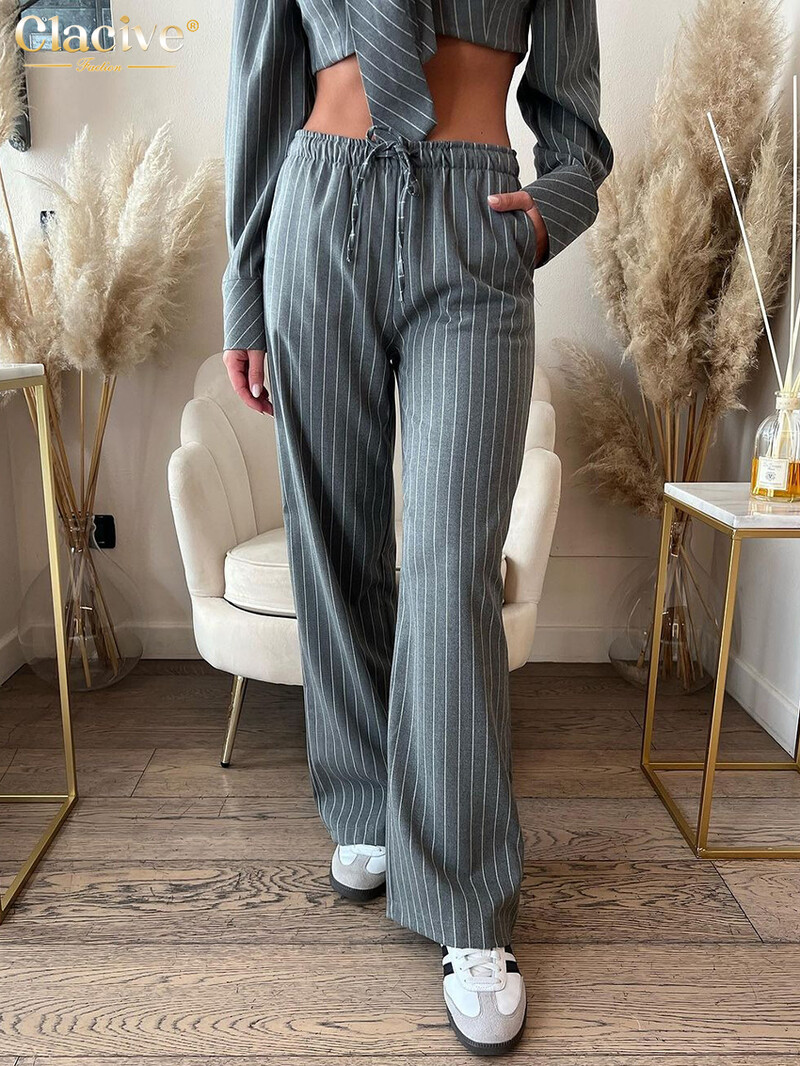 Clacive Fashion Slim Stripe Print 2 gabalu komplekti Sieviešu apģērbs Bodycon garām piedurknēm Crop krekls ar augstu vidukli platu sieviešu bikšu komplektu