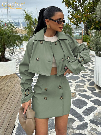 Clacive Fashion Loose Green, 2 részes készletek, női ruha, 2024-es, elegáns, hosszú ujjú felső felső, magas derekú miniszoknya szett női