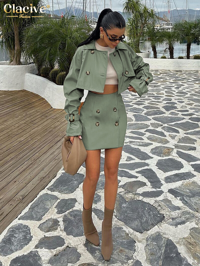 Clacive Fashion Loose Green, 2 részes készletek, női ruha, 2024-es, elegáns, hosszú ujjú felső felső, magas derekú miniszoknya szett női