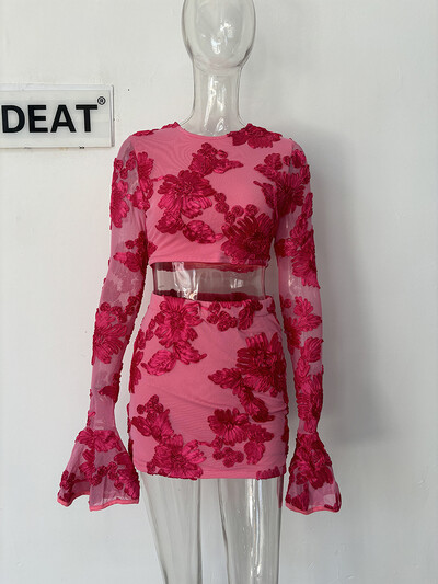 DEAT modes sieviešu kostīmi ar izšūšanu ar iedobi ziediem, topi ar garām piedurknēm, elastīgi svārki ar augstu vidukli, sieviešu komplekts 2024. gada vasara 11XX9068