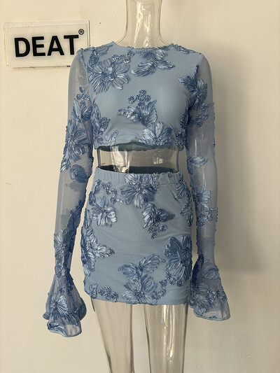 DEAT modes sieviešu kostīmi ar izšūšanu ar iedobi ziediem, topi ar garām piedurknēm, elastīgi svārki ar augstu vidukli, sieviešu komplekts 2024. gada vasara 11XX9068