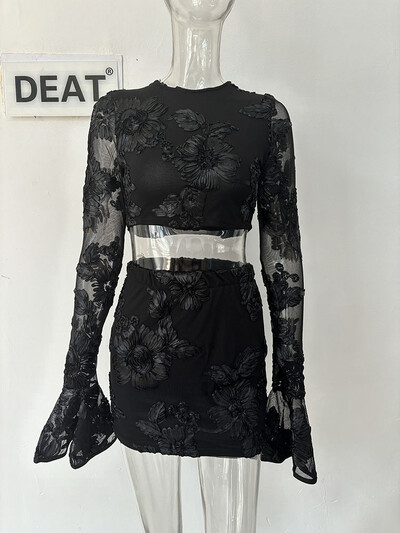 DEAT modes sieviešu kostīmi ar izšūšanu ar iedobi ziediem, topi ar garām piedurknēm, elastīgi svārki ar augstu vidukli, sieviešu komplekts 2024. gada vasara 11XX9068