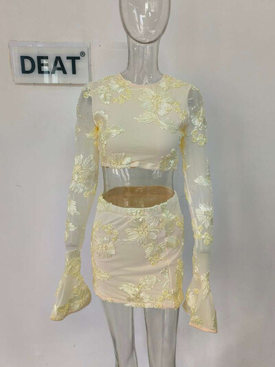 DEAT modes sieviešu kostīmi ar izšūšanu ar iedobi ziediem, topi ar garām piedurknēm, elastīgi svārki ar augstu vidukli, sieviešu komplekts 2024. gada vasara 11XX9068