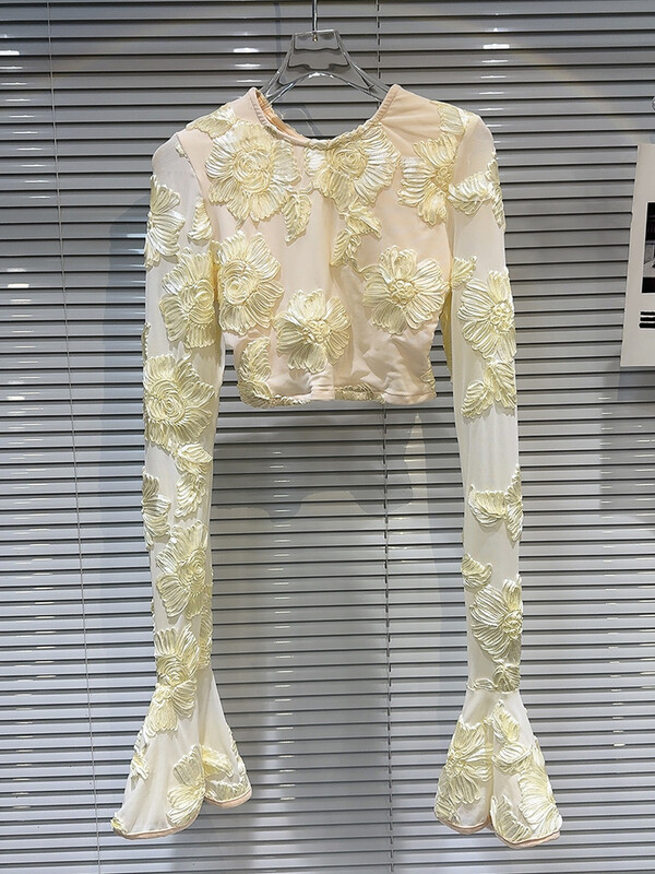 DEAT modes sieviešu kostīmi ar izšūšanu ar iedobi ziediem, topi ar garām piedurknēm, elastīgi svārki ar augstu vidukli, sieviešu komplekts 2024. gada vasara 11XX9068