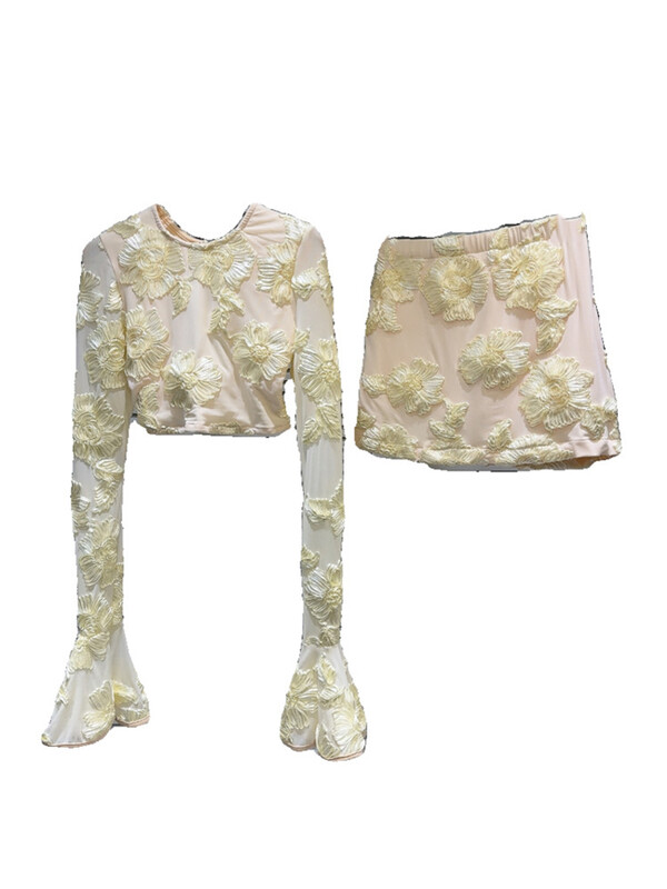 DEAT modes sieviešu kostīmi ar izšūšanu ar iedobi ziediem, topi ar garām piedurknēm, elastīgi svārki ar augstu vidukli, sieviešu komplekts 2024. gada vasara 11XX9068