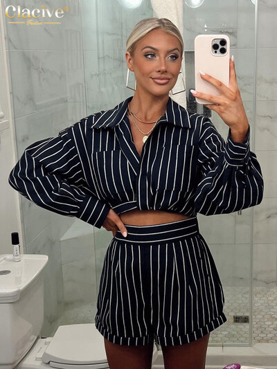 Clacive modni kompleti kratkih hlača s širokim printom na pruge za žene, 2 komada, elegantna, skraćena majica dugih rukava s kratkim hlačama visokog struka, ženski set