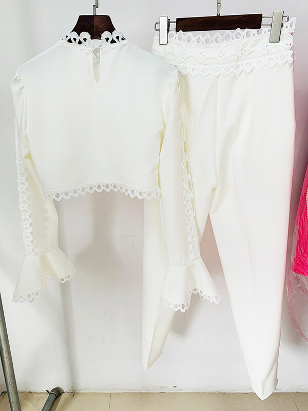 HIGH STREET Legújabb, 2024-es tervezői öltöny szett női, kiszélesedett ujjú, üreges, csipkével díszített felsők Blúz ceruza nadrág szett