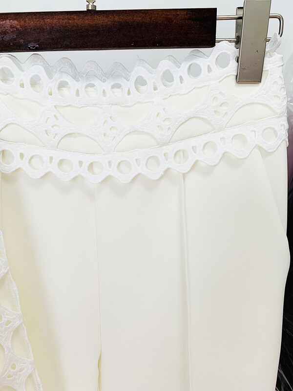 HIGH STREET Legújabb, 2024-es tervezői öltöny szett női, kiszélesedett ujjú, üreges, csipkével díszített felsők Blúz ceruza nadrág szett