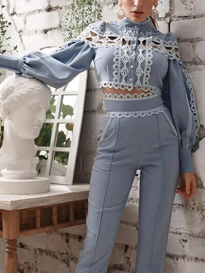 Set de trening din două piese Ținute pentru damă, cu mânecă lungă, alb, jacquard, cu mânecă scurtă, evazată, + pantaloni drepte, pentru femei.