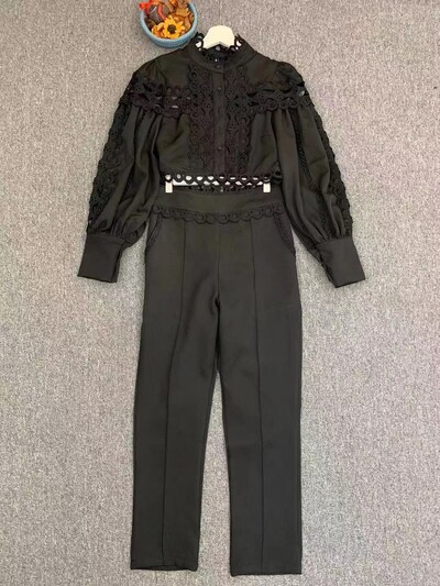 Set de trening din două piese Ținute pentru damă, cu mânecă lungă, alb, jacquard, cu mânecă scurtă, evazată, + pantaloni drepte, pentru femei.