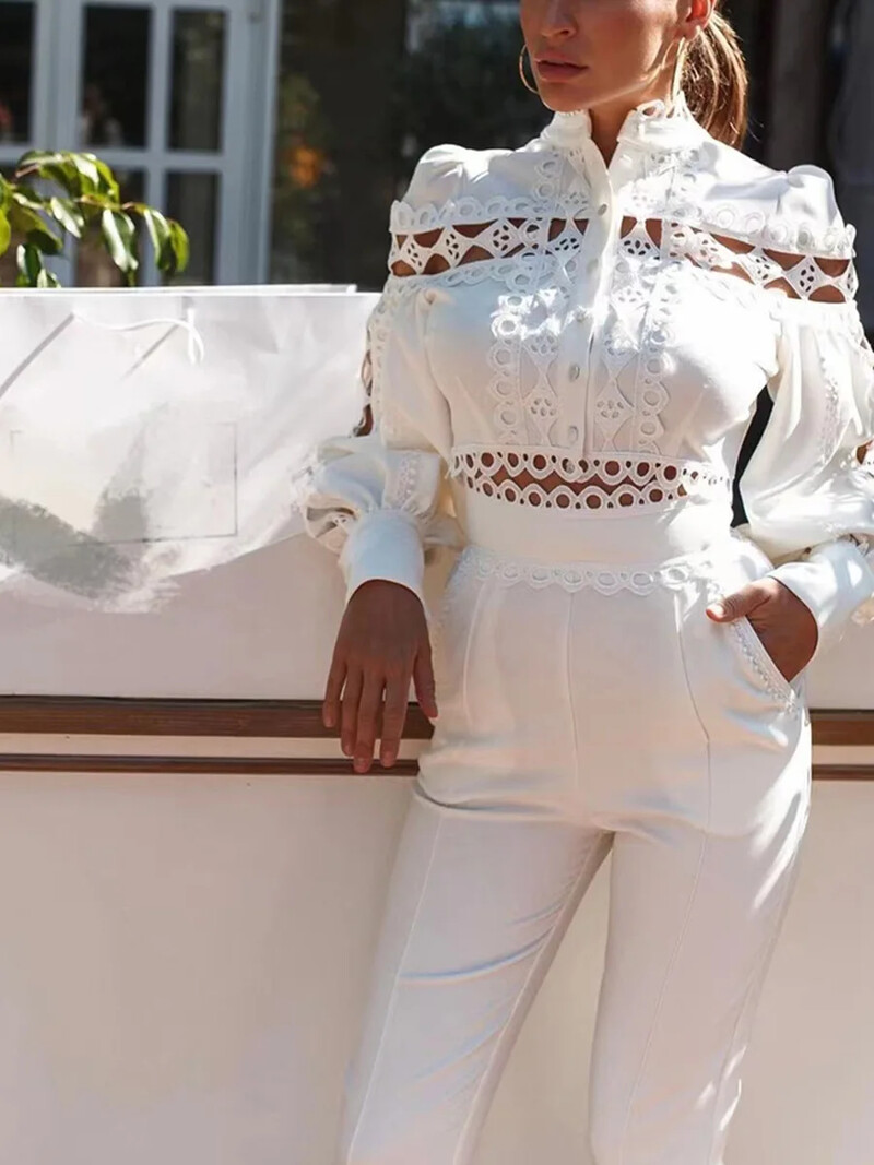 Set de trening din două piese Ținute pentru damă, cu mânecă lungă, alb, jacquard, cu mânecă scurtă, evazată, + pantaloni drepte, pentru femei.