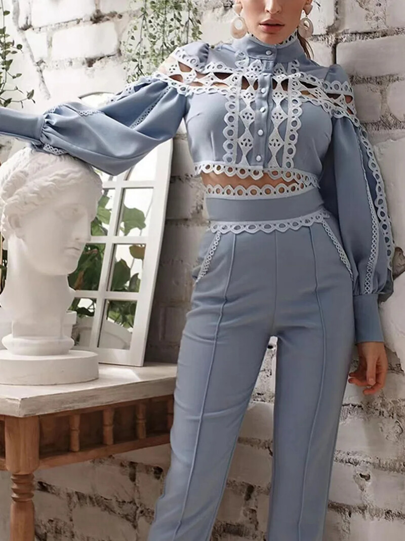 Set de trening din două piese Ținute pentru damă, cu mânecă lungă, alb, jacquard, cu mânecă scurtă, evazată, + pantaloni drepte, pentru femei.