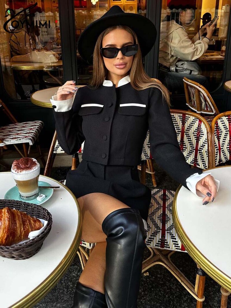 Oymimi Elegantni crni patchwork ženski komplet od dva dijela, modne majice dugih rukava sa samostojećim ovratnikom i kompleti kratkih hlača s visokim strukom