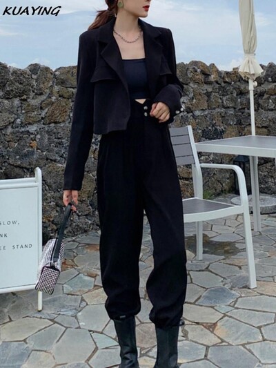 Biroja dāmu solīdi sieviešu kostīmi, 2 dab. šiks, garām piedurknēm, žakete, bikses ar augstu vidukli, vintage komplekti, sieviešu modes ielas apģērbi