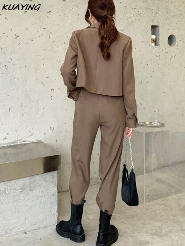 Biroja dāmu solīdi sieviešu kostīmi, 2 dab. šiks, garām piedurknēm, žakete, bikses ar augstu vidukli, vintage komplekti, sieviešu modes ielas apģērbi