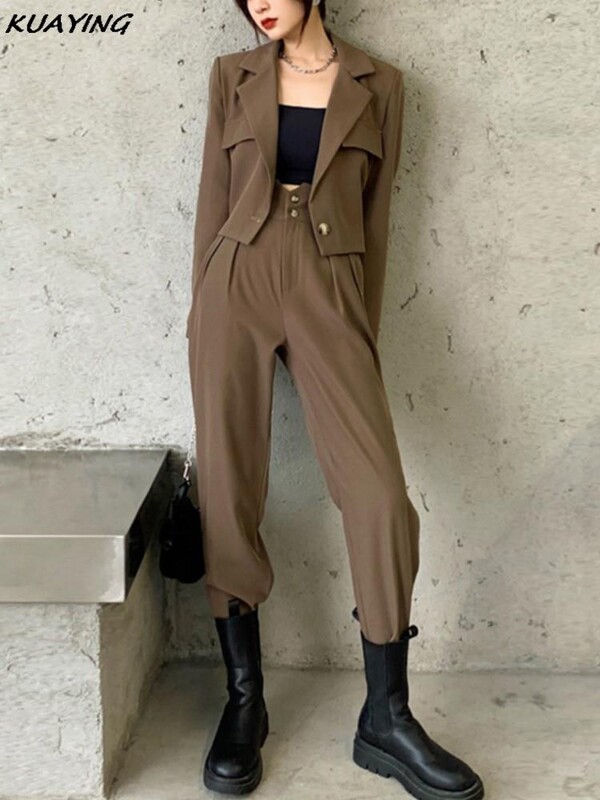 Biroja dāmu solīdi sieviešu kostīmi, 2 dab. šiks, garām piedurknēm, žakete, bikses ar augstu vidukli, vintage komplekti, sieviešu modes ielas apģērbi