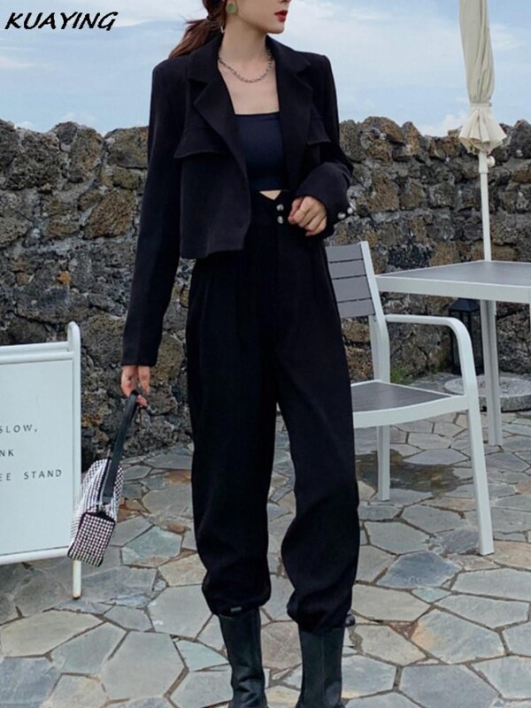 Biroja dāmu solīdi sieviešu kostīmi, 2 dab. šiks, garām piedurknēm, žakete, bikses ar augstu vidukli, vintage komplekti, sieviešu modes ielas apģērbi