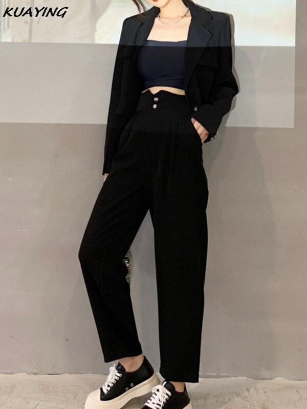 Biroja dāmu solīdi sieviešu kostīmi, 2 dab. šiks, garām piedurknēm, žakete, bikses ar augstu vidukli, vintage komplekti, sieviešu modes ielas apģērbi