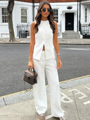 Elegáns mellény hosszú nadrág szettek nőknek 2024 irodai női egymellű felső, magas derekú, széles lábszárú nadrág 2 részes szett Elegáns utcai viselet